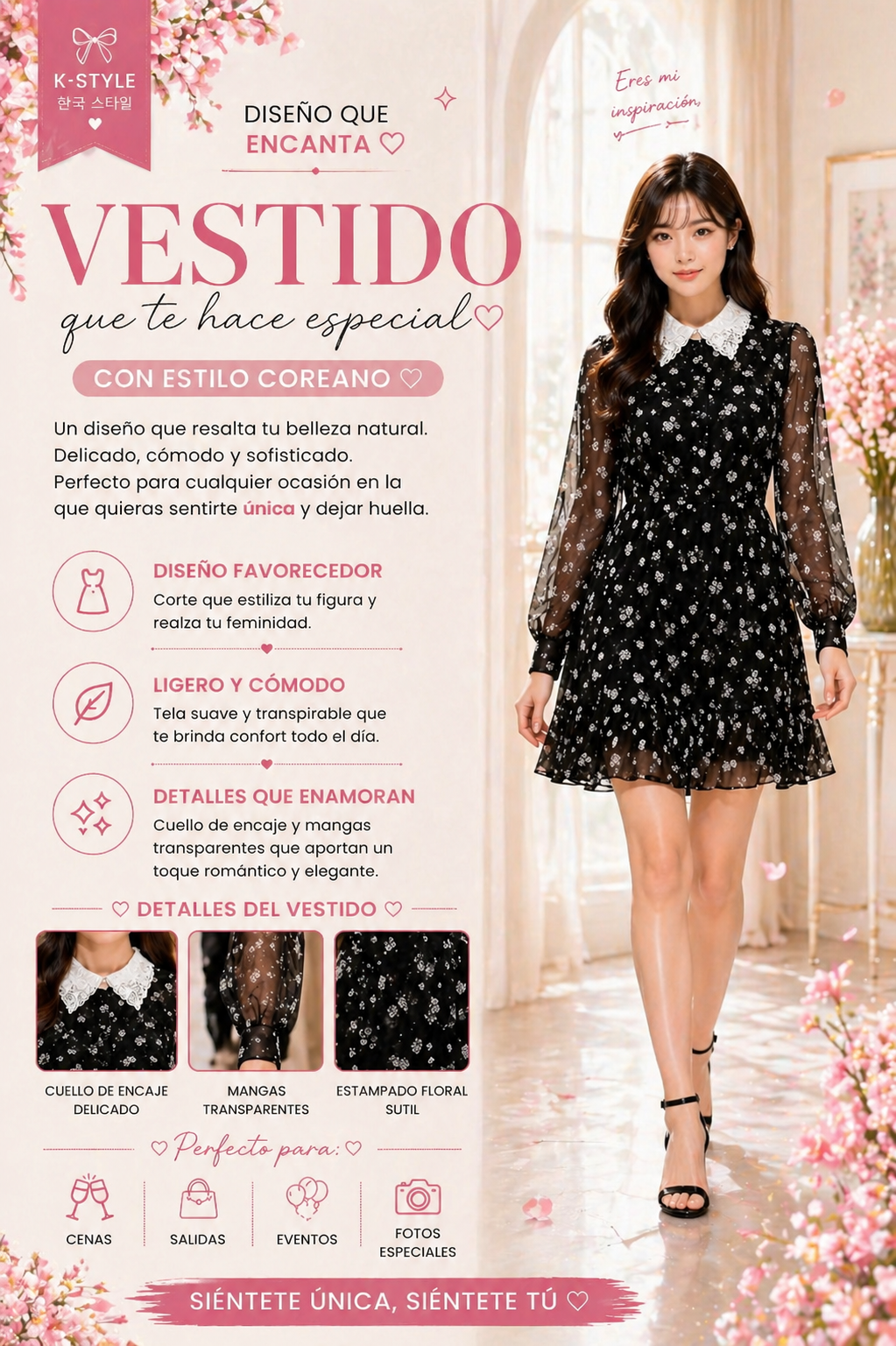 Vestido estilo coreano negro floral