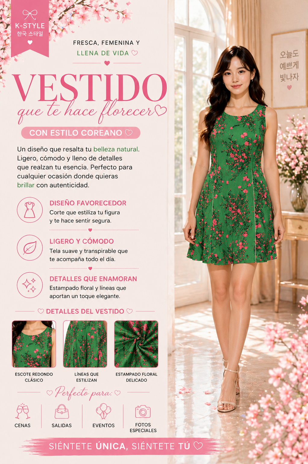 Vestido floral estilo coreano verde