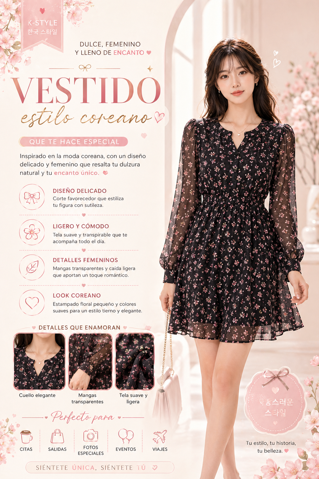 Vestido estilo coreano floral negro
