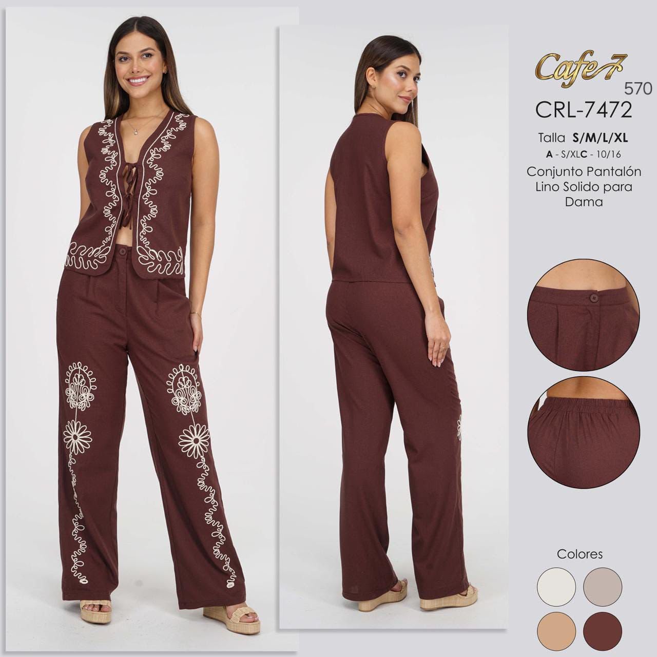 Conjunto pantalon lino solido para dama Cafe7 CRL-7472