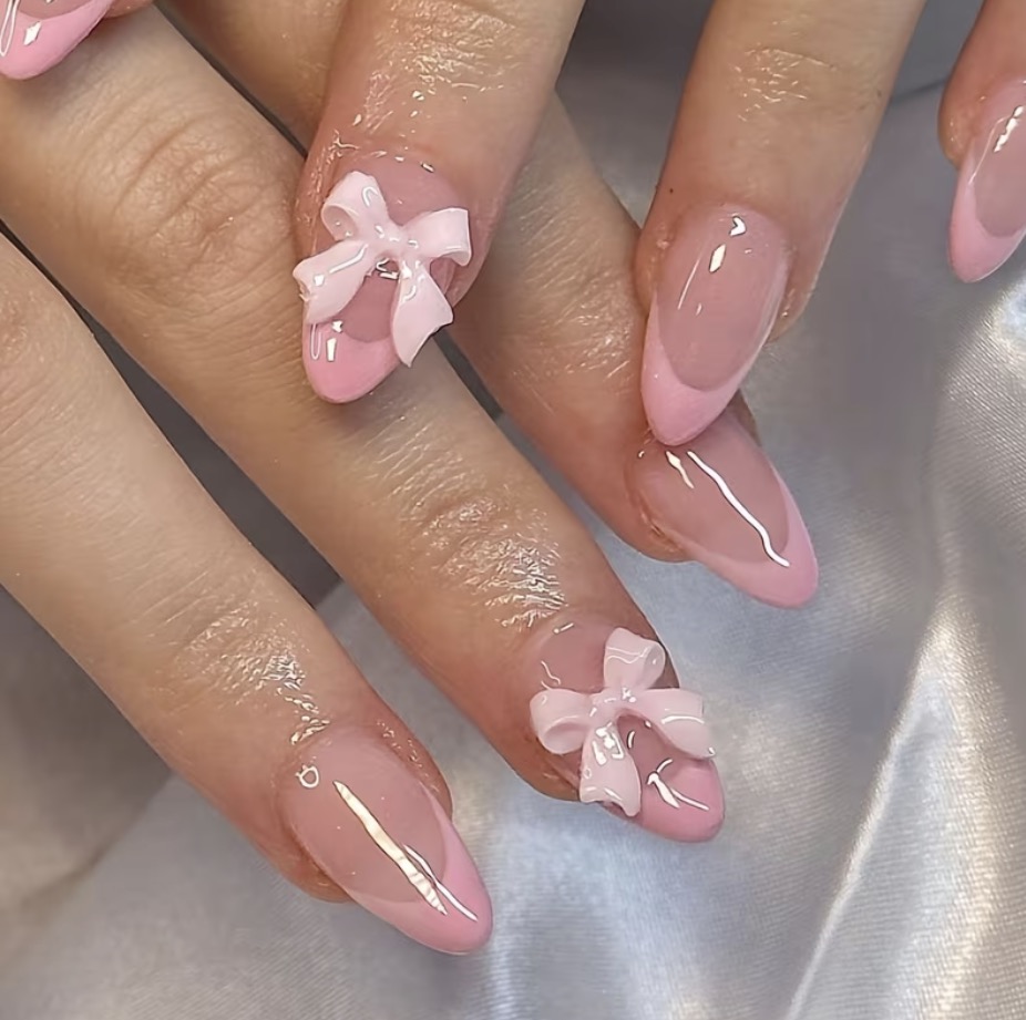 24 Uñas postizas rosa lazo G..