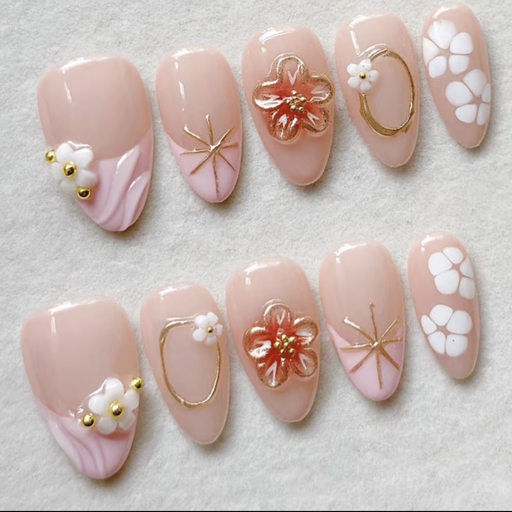 10 uñas postizas flor rosa G.