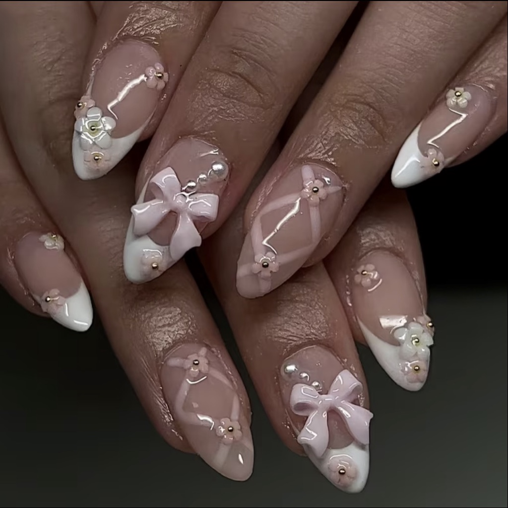 24 uñas postizas blanco lazo G.