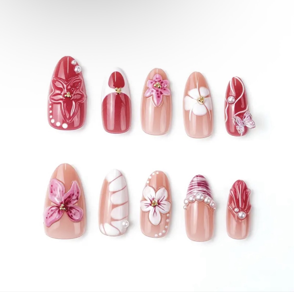 10 Uñas postizas 3D rosa rojo G.