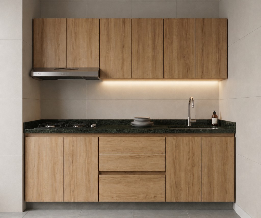 Cocina integral de 1.80 con mesón en granito natural verde ubatuba