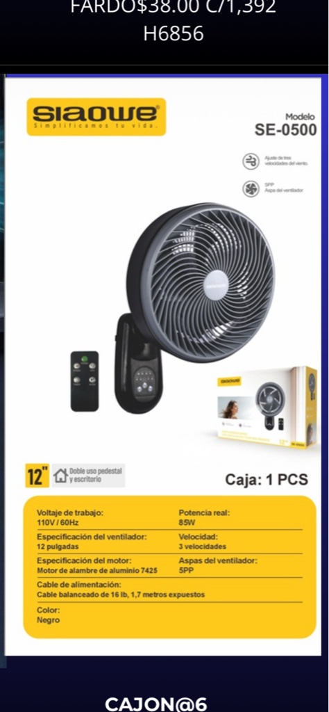 ventilador negro 12" se-0500
