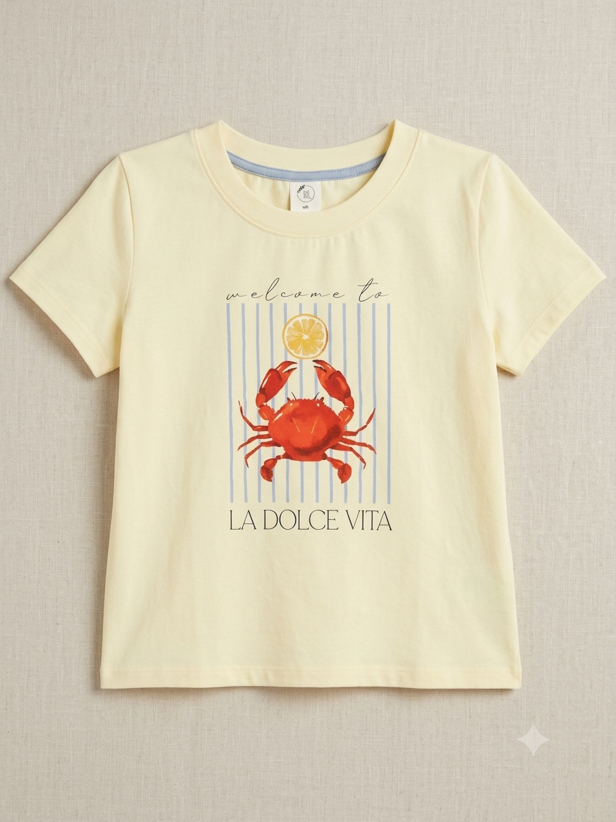 Remera algodón NENA amarilla con estampado de cangrejo