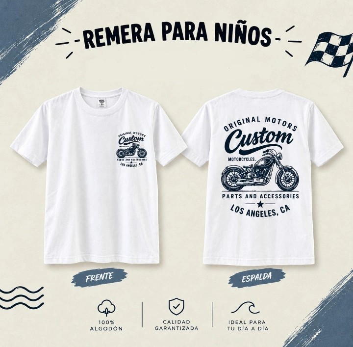 Remera algodón NIÑO estampada Custom motocicletas