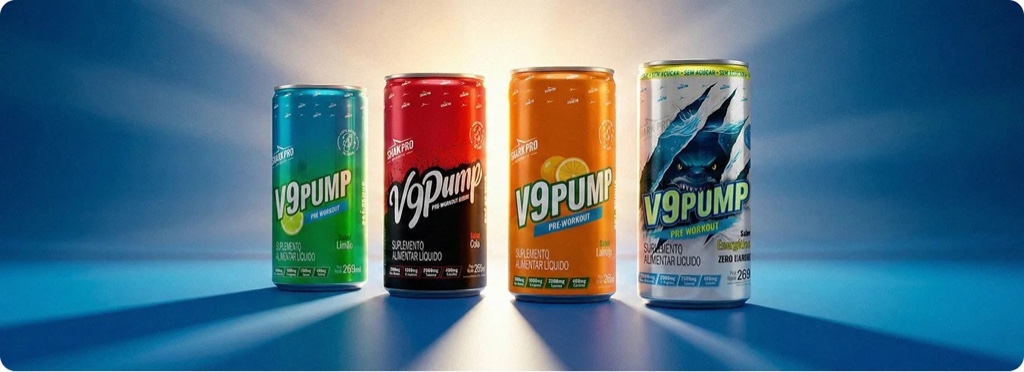 Pre Treino Drink V9 Pump 256ml, Shark Pro Kit com 04 unidades