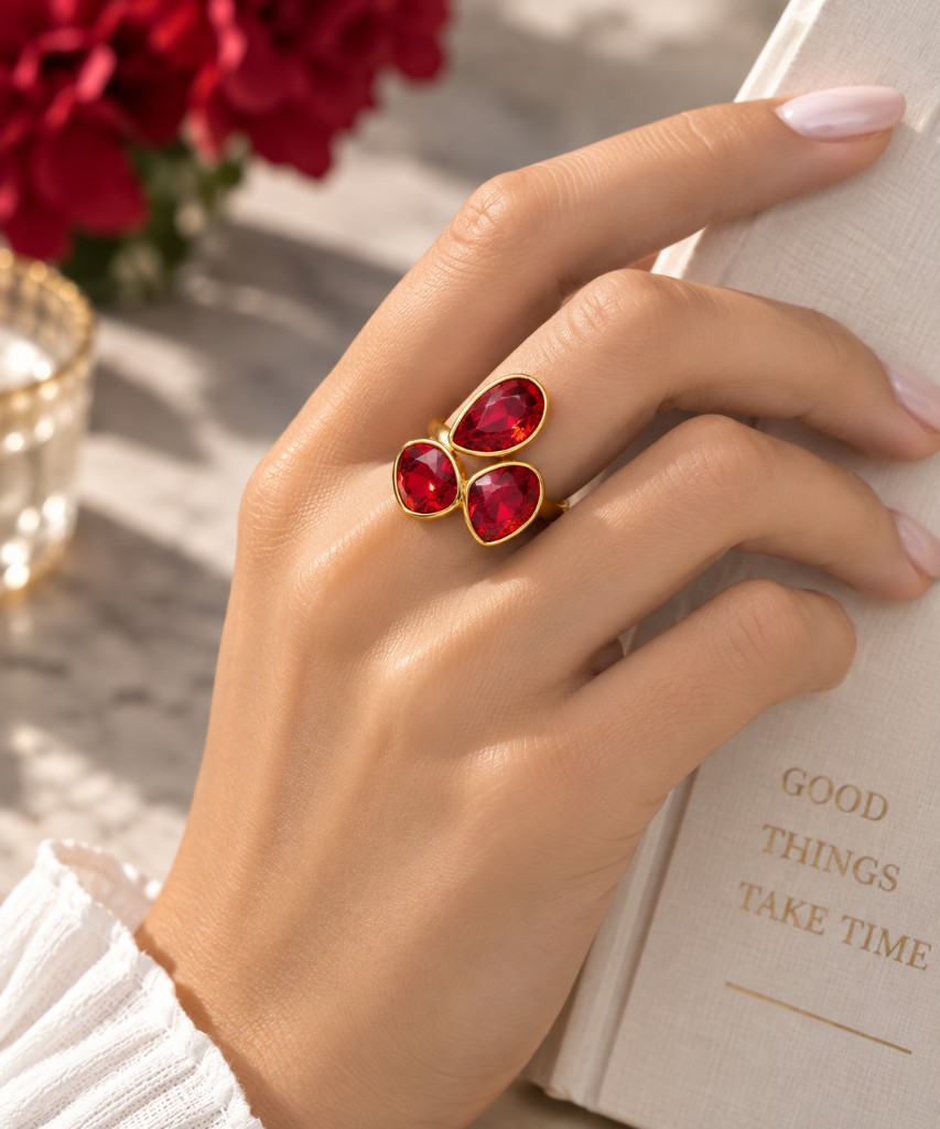 48550-ANILLO DORADO TRIPLE PIEDRA ROJA # 07-08