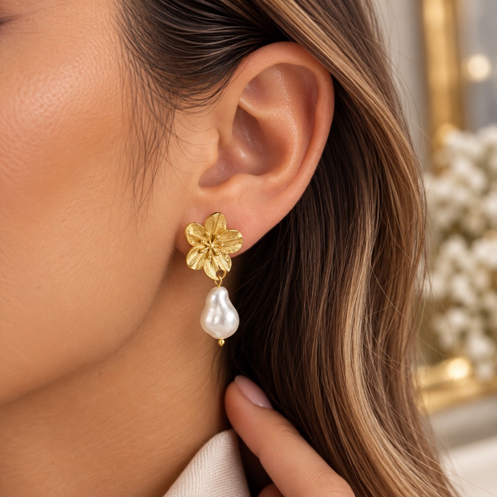 93331-ARETE DORADO MEDIANO FLOR CON PERLA BLANCA