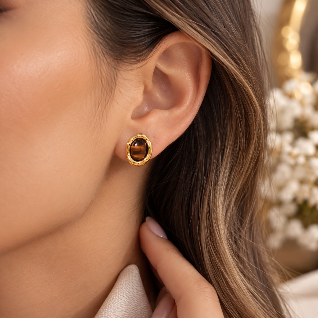 63829-ARETE DORADO MINI CON PERLA CAFÉ