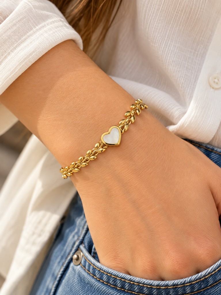 15976-PULSERA DORADA CON CORAZON BLANCO