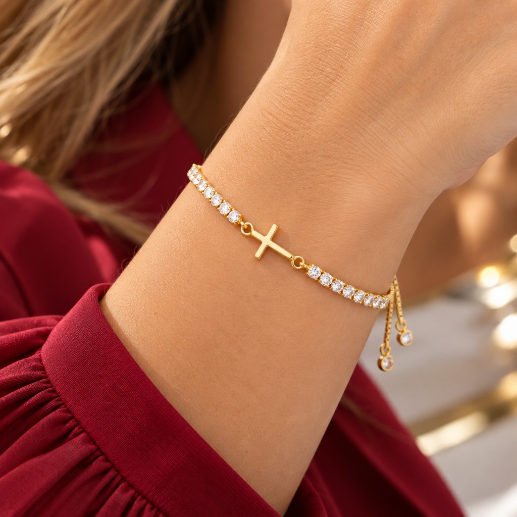 07461-PULSERA DORADA FINA DE CRUZ AJUSTABLE