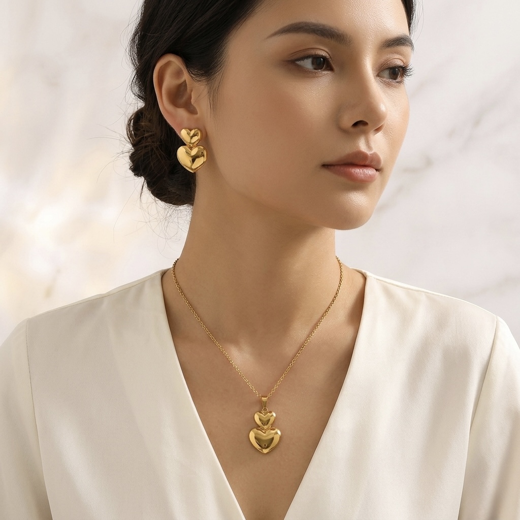 12369-SET CADENA Y ARETE  DORADO CORAZON DOBLE
