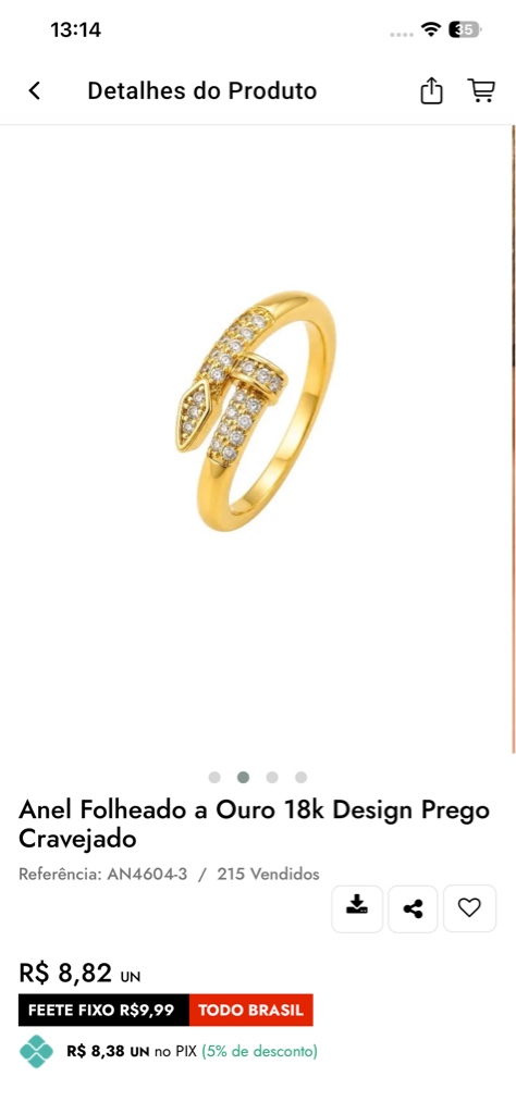 Anel Folheado a Ouro 18k Prego
