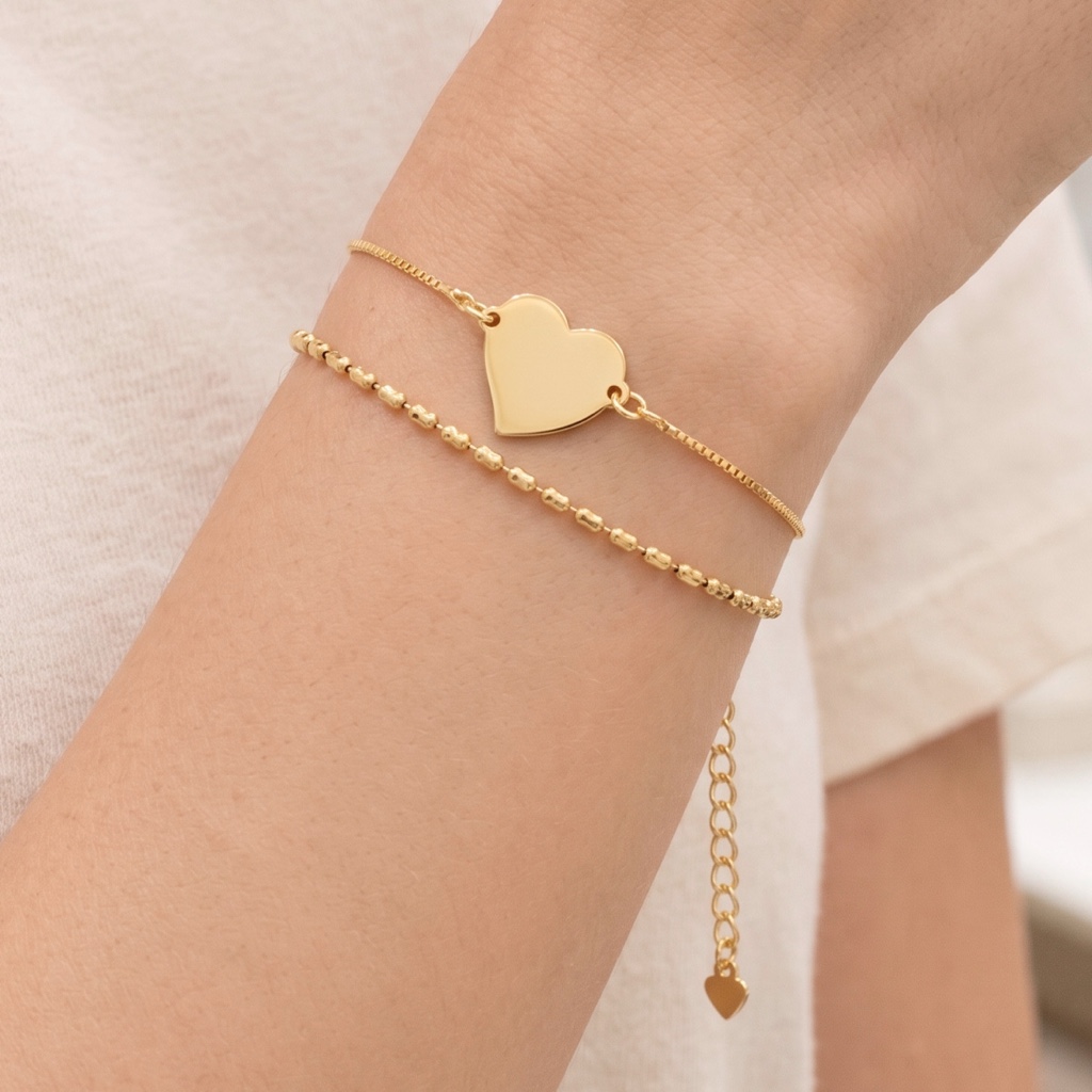 Pulseira dourada dupla coração