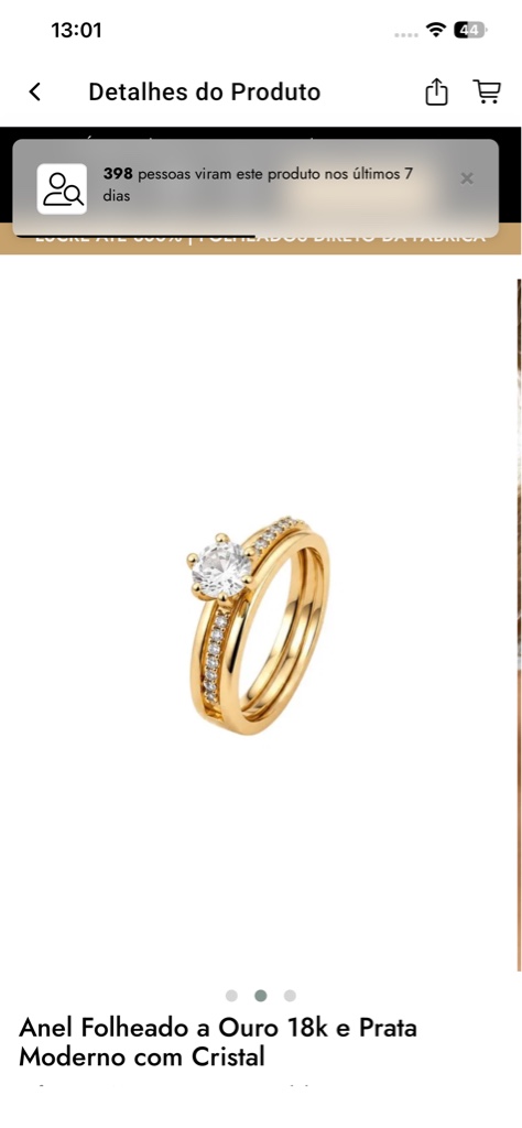 Anel duplo de encaixe folheado a ouro 18k com cristal