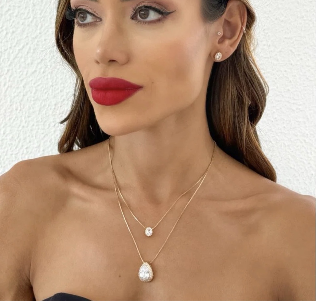 Conjunto colar duplo gota cravejada e brincos zircônia