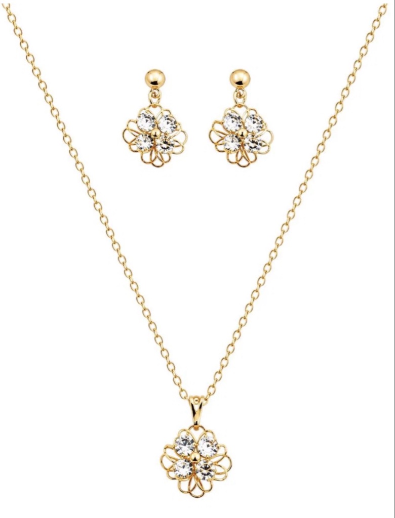 Colar dourado com flores e brincos