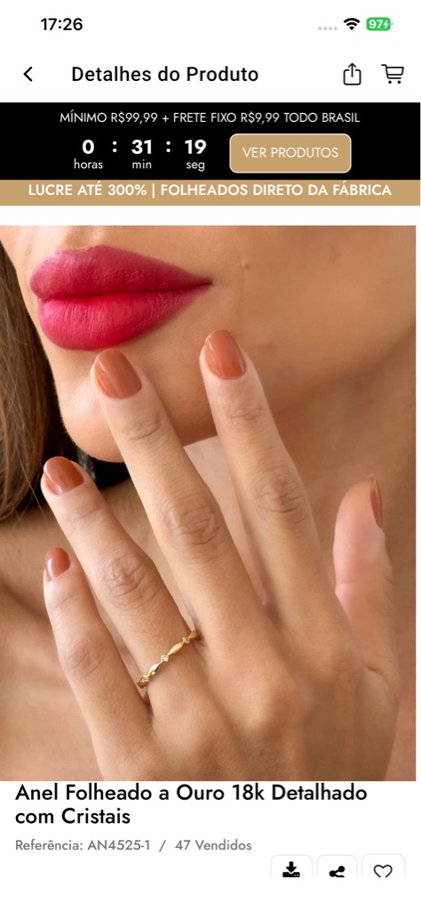Anel folheado ouro 18k com cristais