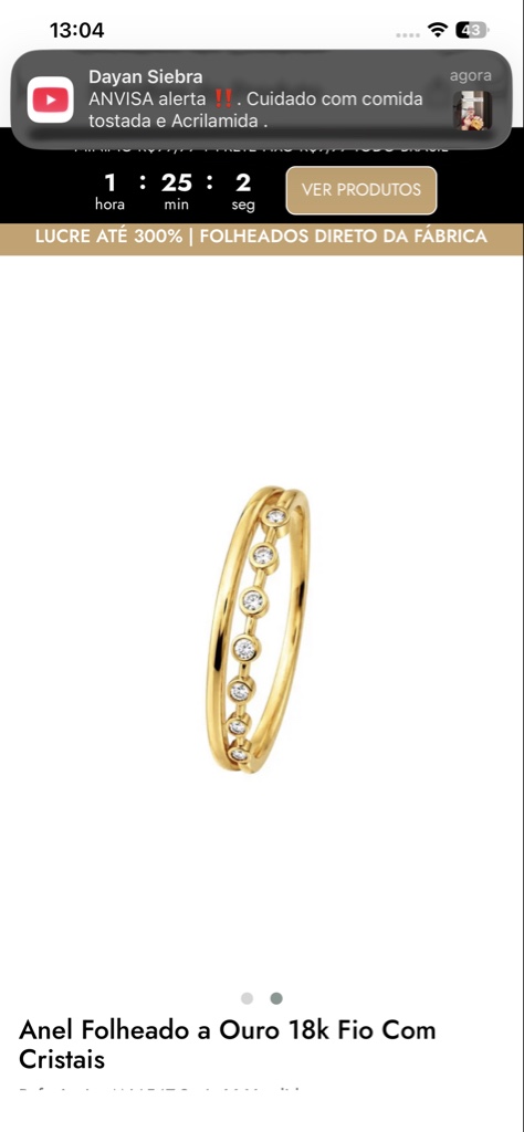 Anel delicado folheado ouro 18k com cristais