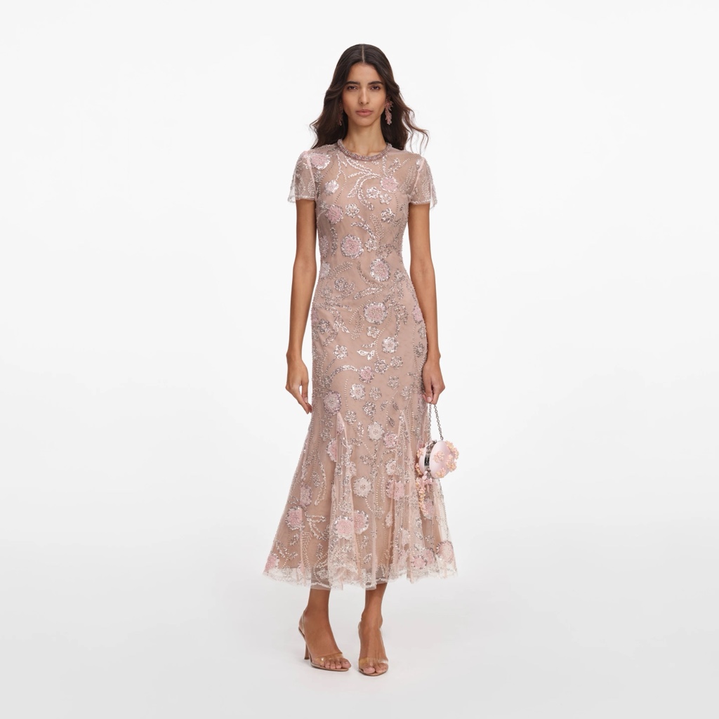Pink Flower Sequin Embellished Midi Dress