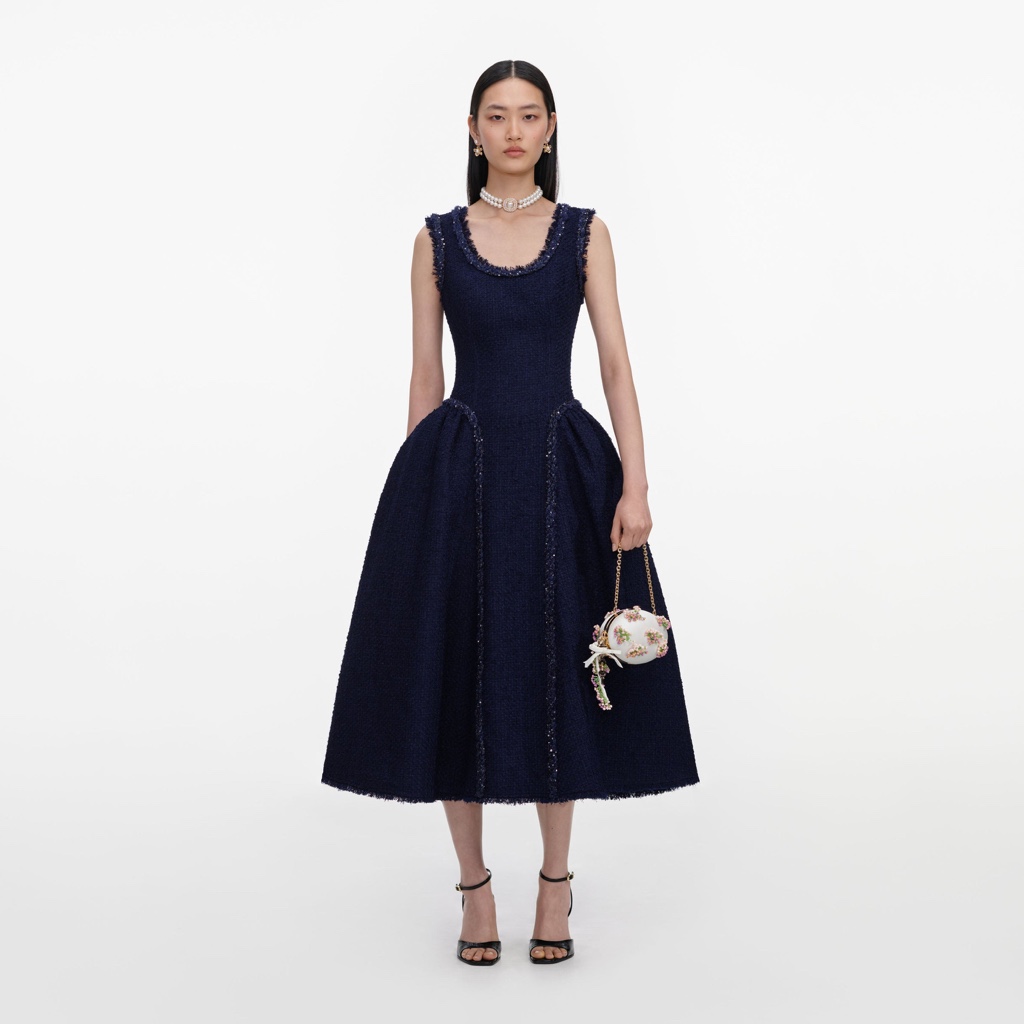 Navy Boucle Midi Dress