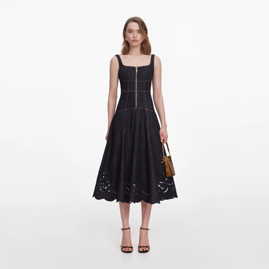 Índigo Denim Bow Embroidered Midi Dress
