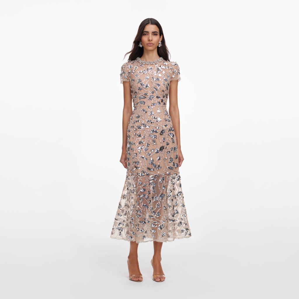 Silver Sequin Embellished Midi Dress