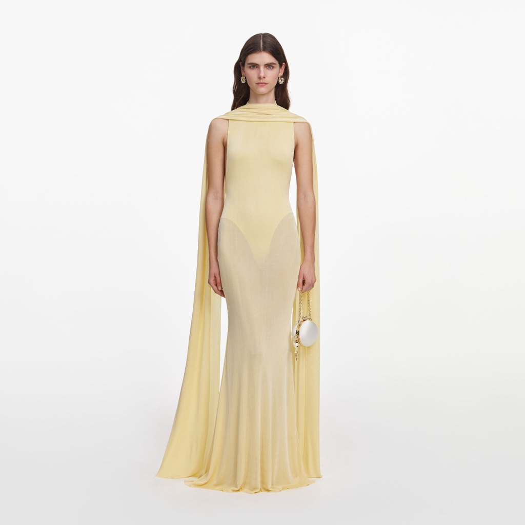Yellow Viscose Knit Scarf Maxi Dress