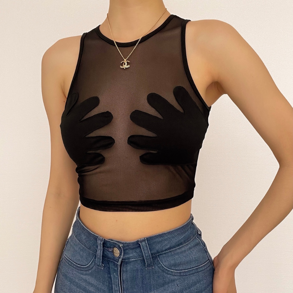 Crop top Manos mesh negro