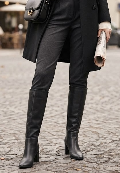 Zapato botas altas de cuero negro estilo Stradivarius cuentan con un tacón grueso y punta fina.