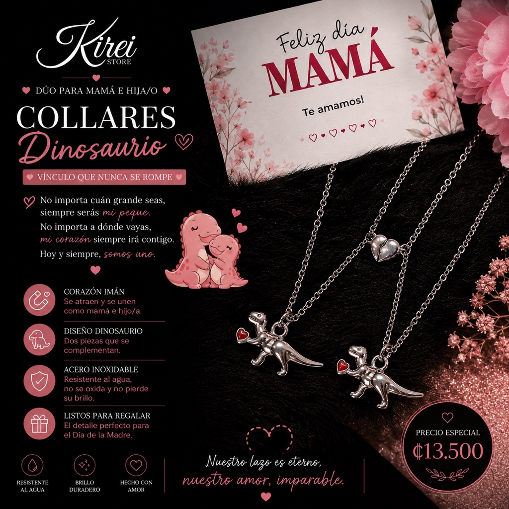 Set de collares dinosaurio con iman mamá + hijo