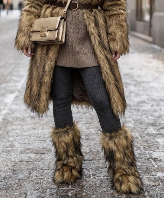 Zapato botas peludas de imitación de piel sintética en tono café de Luxechic Couture cuentan con una suela de goma duradera y diseño de caña alta