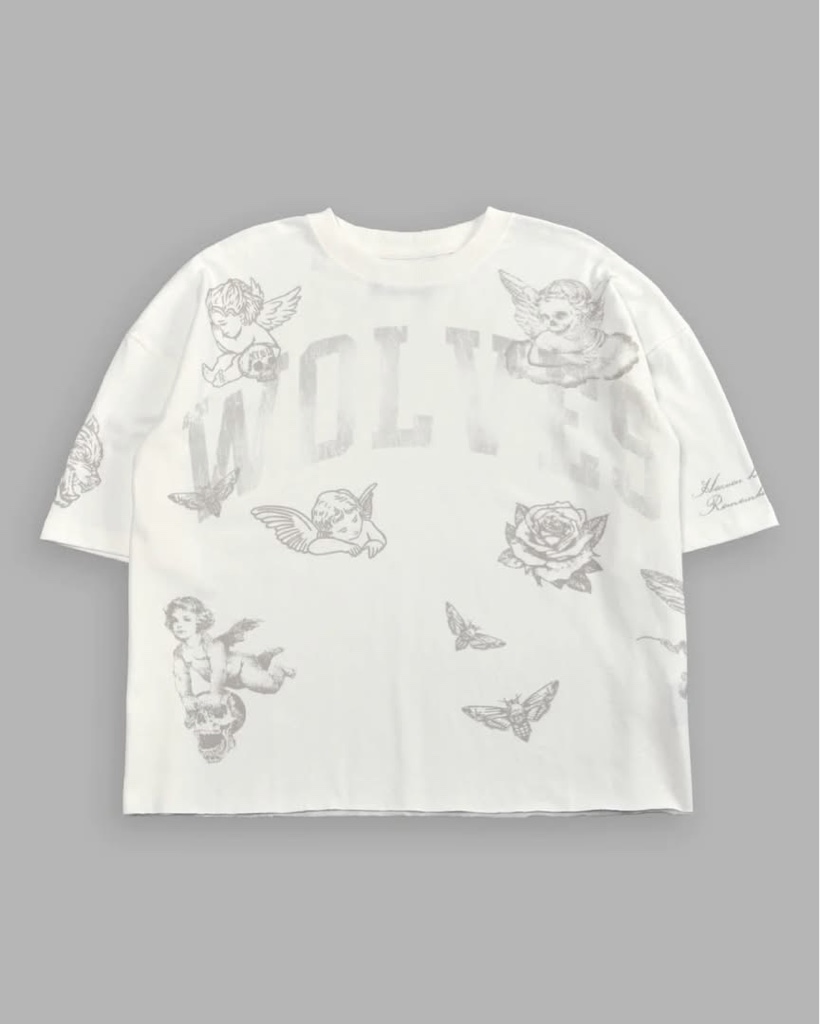 DarcSport Fallen Cherub Grunge Raw Hem  “Box Cut” Tee in Cream