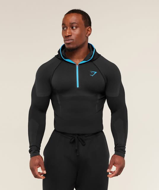 GYMSHARK Onyx 5.0 Seamless Hoddie Long Sleeve  T-Shirt - Black/Onyx Grey