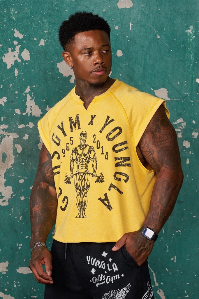 5069 YoungLA - GOLDS GYM VINTAGE CUT OFFS Color: Yellow Wash