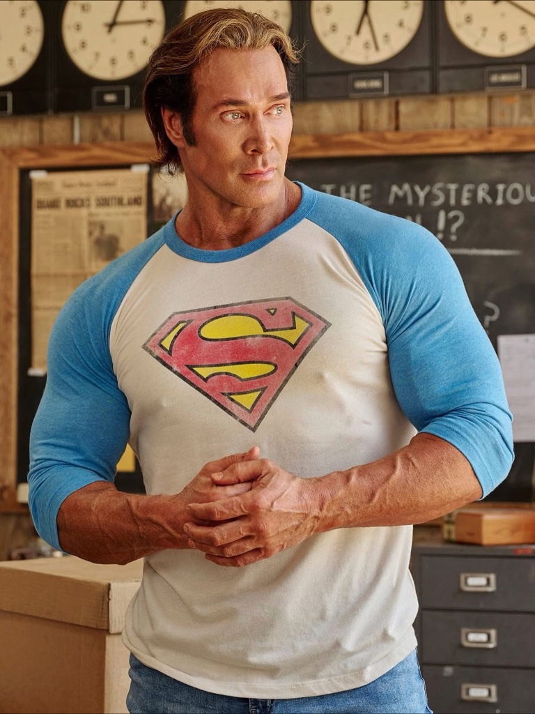 4044 YoungLA SUPERMAN 3/4  Reglan Shirts  White/Blue