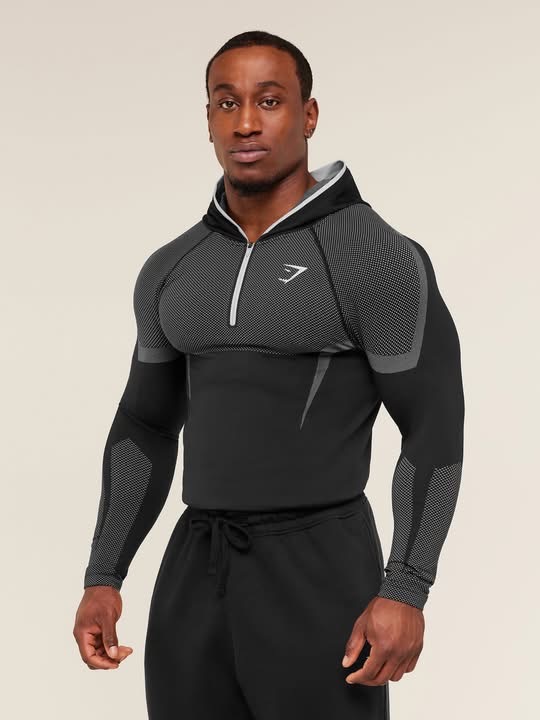GYMSHARK Onyx 5.0 Seamless Hoddie Long Sleeve  T-Shirt - Black/Light Grey