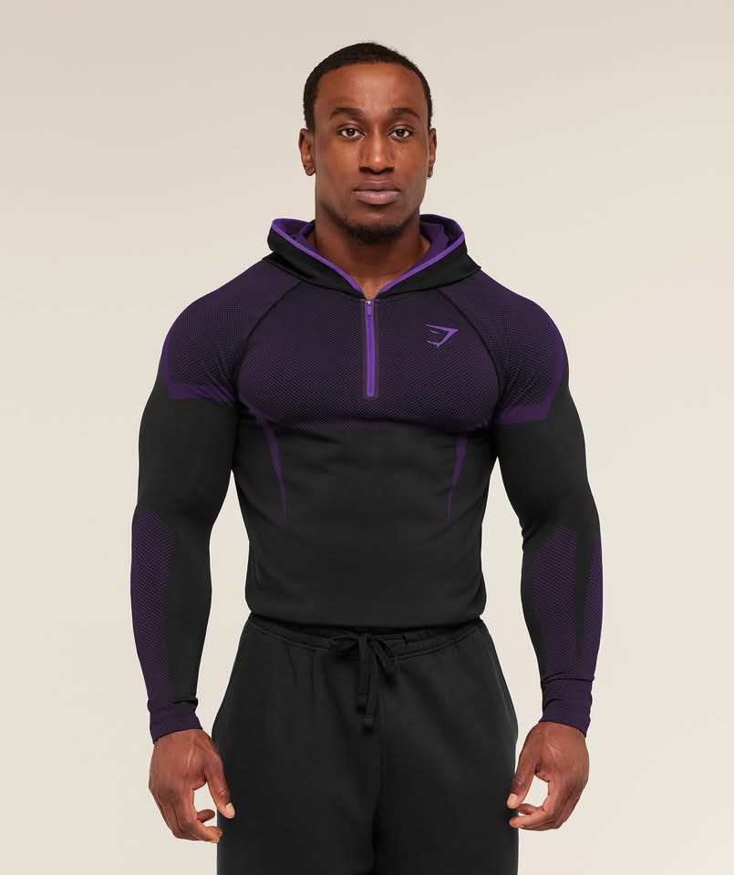 GYMSHARK Onyx 5.0 Seamless Hoddie Long Sleeve  T-Shirt - Black/Athletic Purple