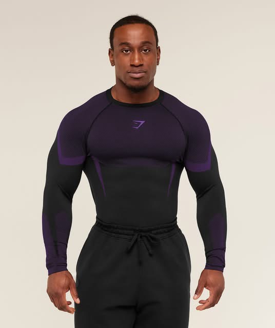 GYMSHARK Onyx 5.0 Seamless Long Sleeve T-Shirt - Black/Athletic Purple