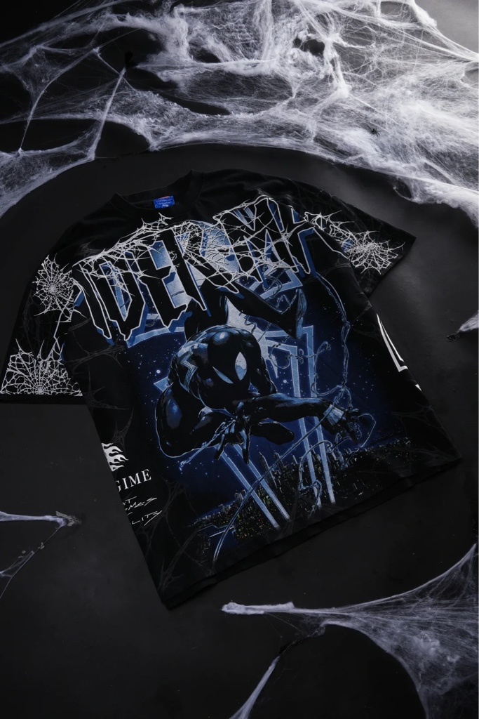 CIVIL REGIME Spiderman Black Suit Night Mode American Classic Oversized Tee in Vintage Black
