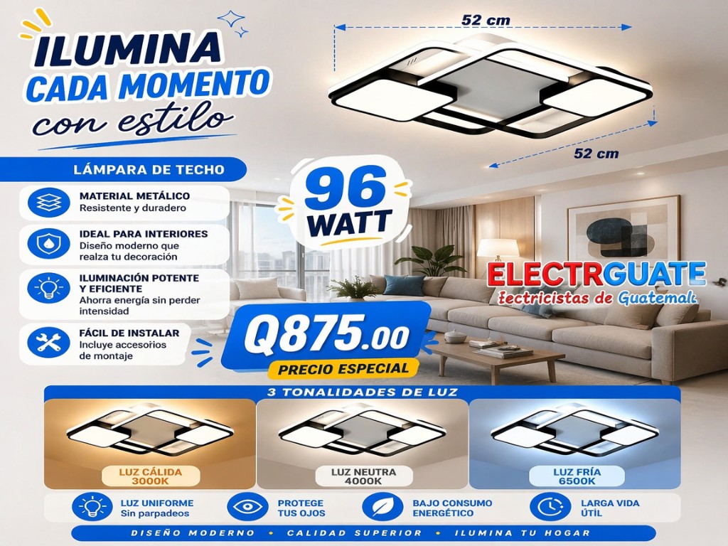 LÁMPARA PREMIUM 96W ELEGANTE BASE NEGRO 3 TONOS DE LUCES 110V