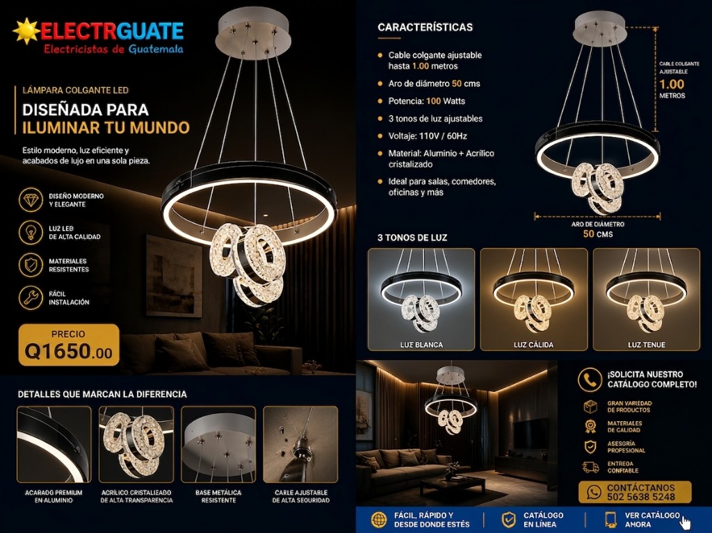 COLGANTE LED ELEGANTE PREMIUM 100W 3 TONOS DE LUCES 110V