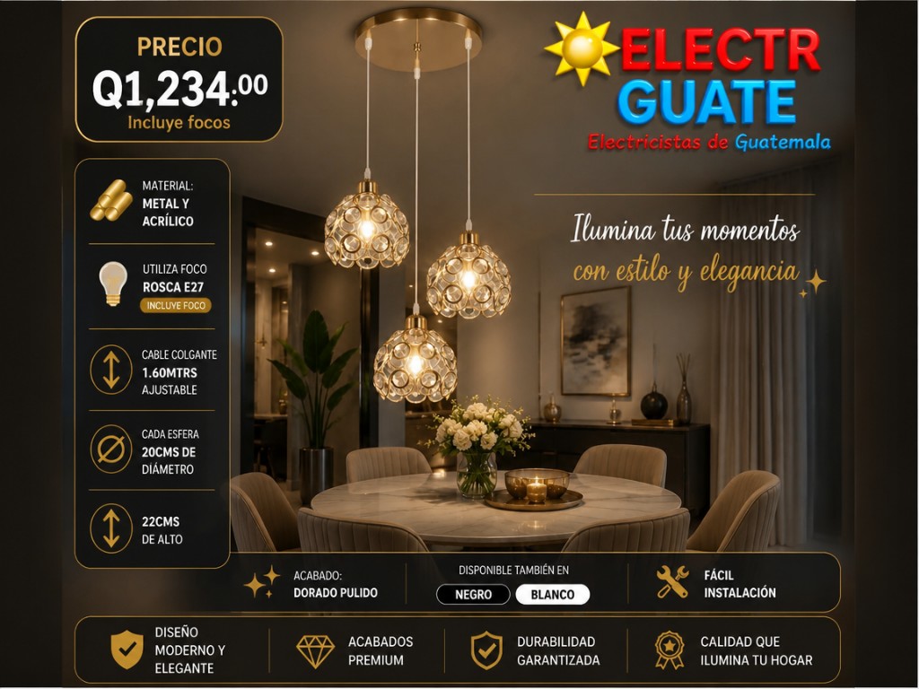 COLGANTE ELEGANTE PREMIUM FORADO 3 FOCO INCLUÍDO AMARILLO