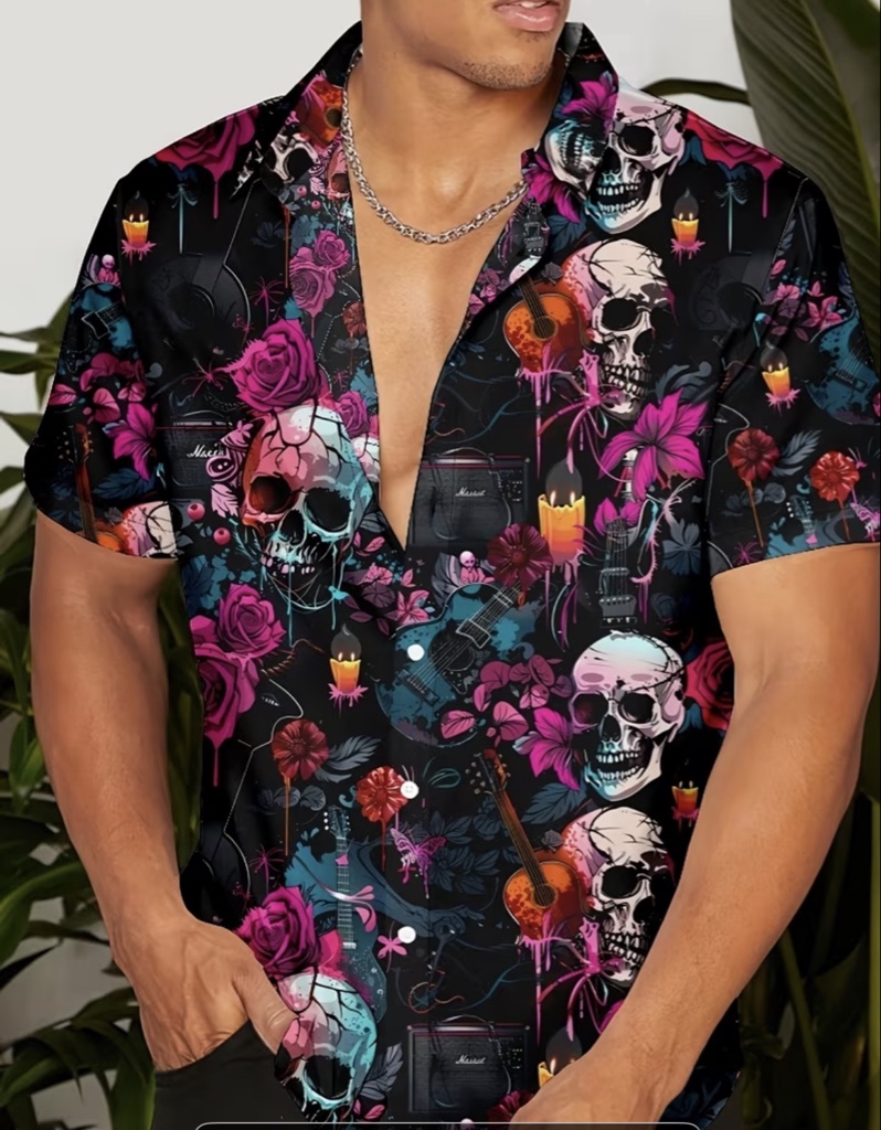 CC13 Camisa de calavera con flores Morada y rosadas