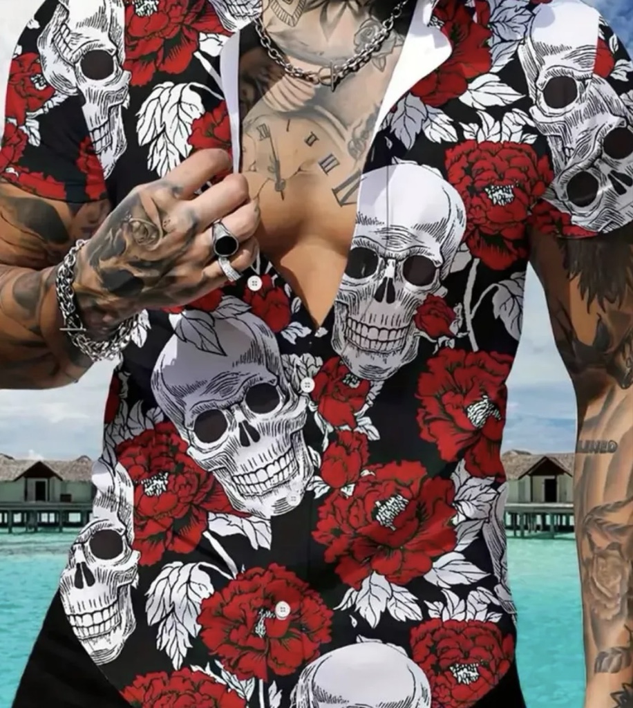 CC08 Camisa de calavera con flores rojas