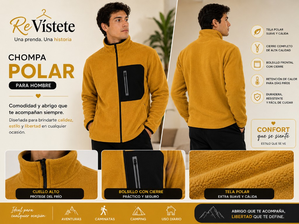 A43. Chompa polar mostaza para caballero colombiana, Talla ideal M