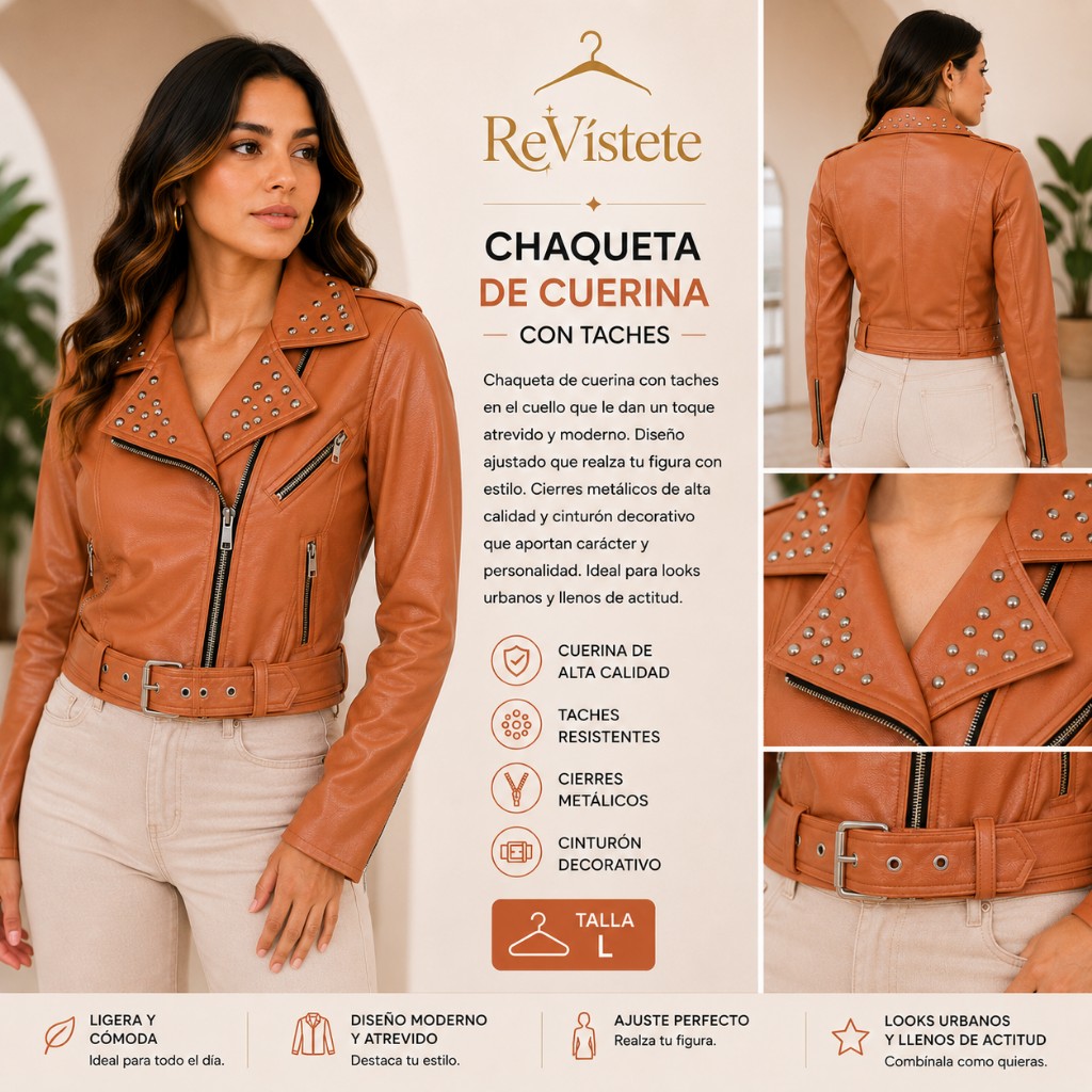 A66. Chaqueta de cuerina naranja con taches colombiana, Talla ideal para M y L